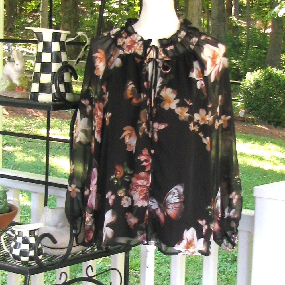 Joie black floral butterfly top shirt blouse Large polyester soft luxury style - Picture 4 of 8